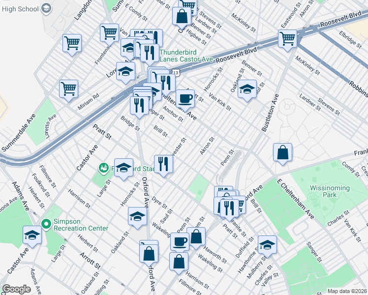 map of restaurants, bars, coffee shops, grocery stores, and more near 5347 Sylvester Street in Philadelphia