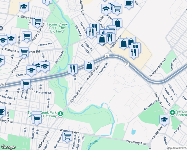 map of restaurants, bars, coffee shops, grocery stores, and more near 5157 Whitaker Avenue in Philadelphia