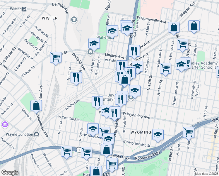 map of restaurants, bars, coffee shops, grocery stores, and more near 1428 West Rockland Street in Philadelphia
