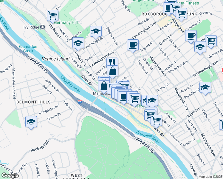 map of restaurants, bars, coffee shops, grocery stores, and more near in Philadelphia