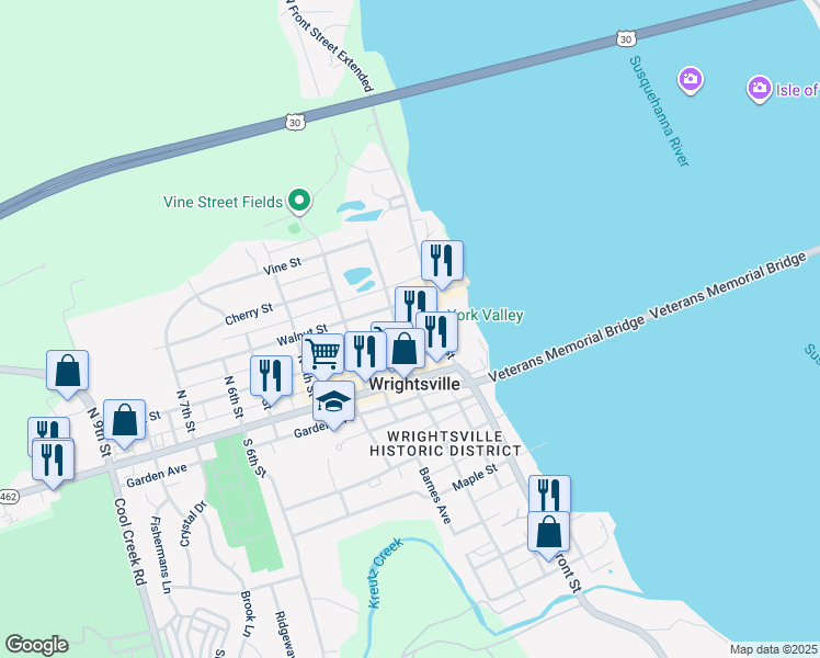 map of restaurants, bars, coffee shops, grocery stores, and more near 217 South Front Street in Wrightsville
