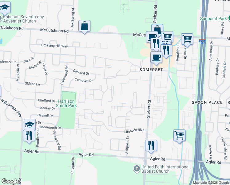 map of restaurants, bars, coffee shops, grocery stores, and more near 3764 Sunrise Lake Circle in Columbus