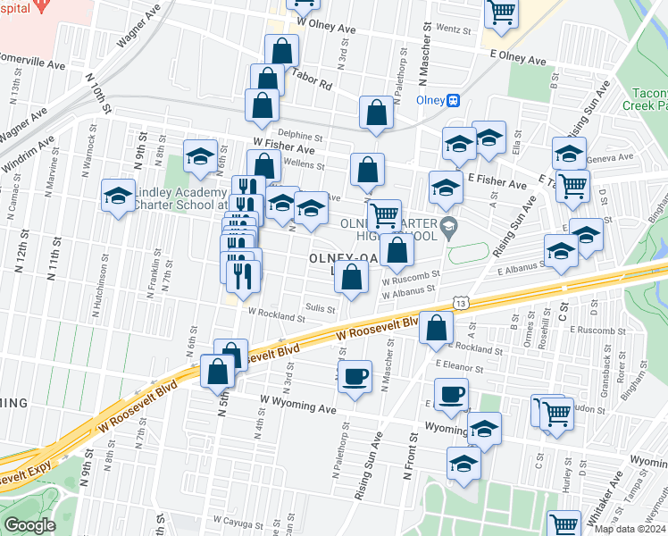 map of restaurants, bars, coffee shops, grocery stores, and more near 216 West Ashdale Street in Philadelphia