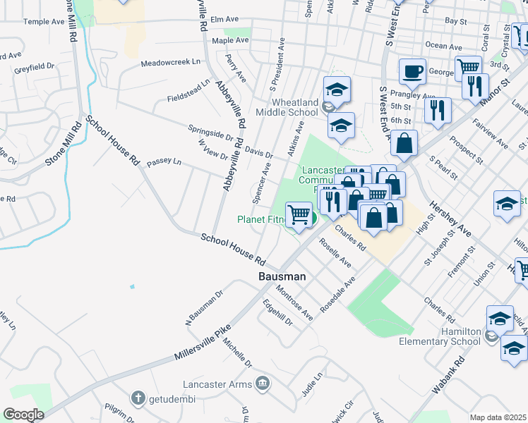 map of restaurants, bars, coffee shops, grocery stores, and more near 1397 Atkins Avenue in Lancaster