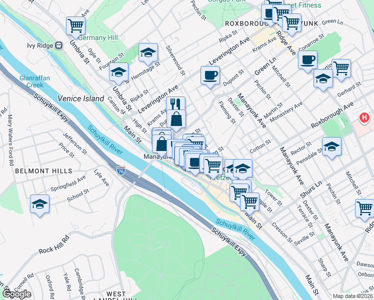 map of restaurants, bars, coffee shops, grocery stores, and more near in Philadelphia