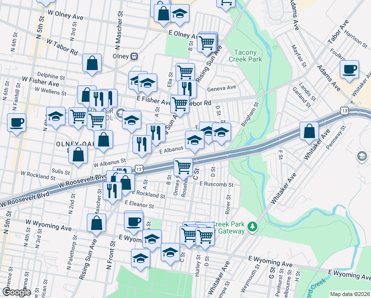 map of restaurants, bars, coffee shops, grocery stores, and more near 329 East Albanus Street in Philadelphia