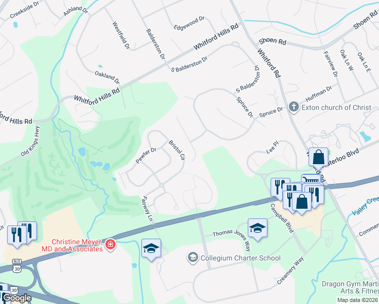 map of restaurants, bars, coffee shops, grocery stores, and more near 312 Tapestry Circle in Exton