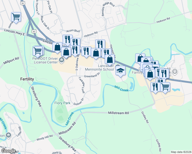 map of restaurants, bars, coffee shops, grocery stores, and more near 226 Greenland Dr in Lancaster