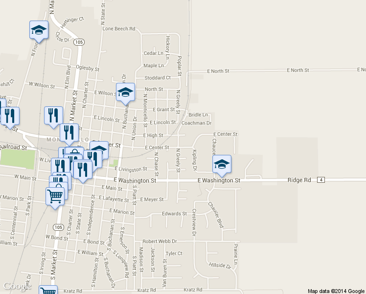 map of restaurants, bars, coffee shops, grocery stores, and more near 1102 East Center Street in Monticello