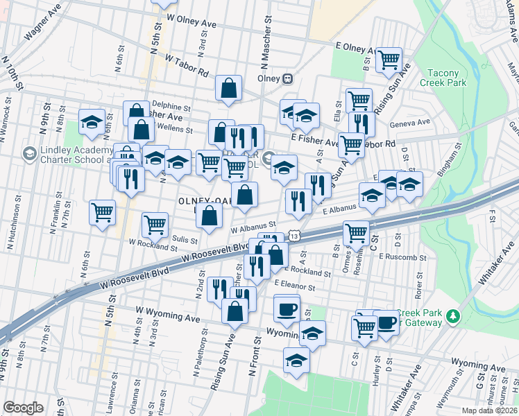 map of restaurants, bars, coffee shops, grocery stores, and more near 144 West Ashdale Street in Philadelphia