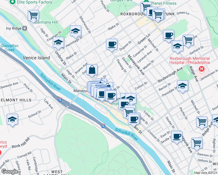 map of restaurants, bars, coffee shops, grocery stores, and more near 157 Gay Street in Philadelphia