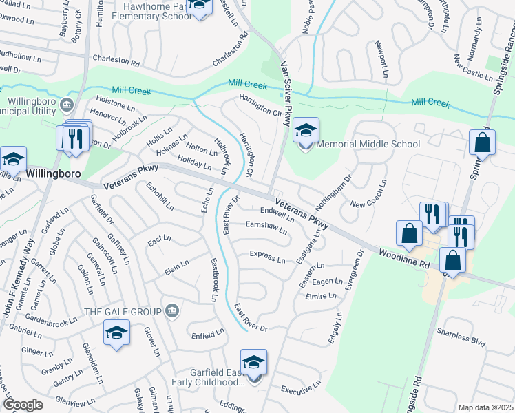 map of restaurants, bars, coffee shops, grocery stores, and more near 19 Endwell Lane in Willingboro