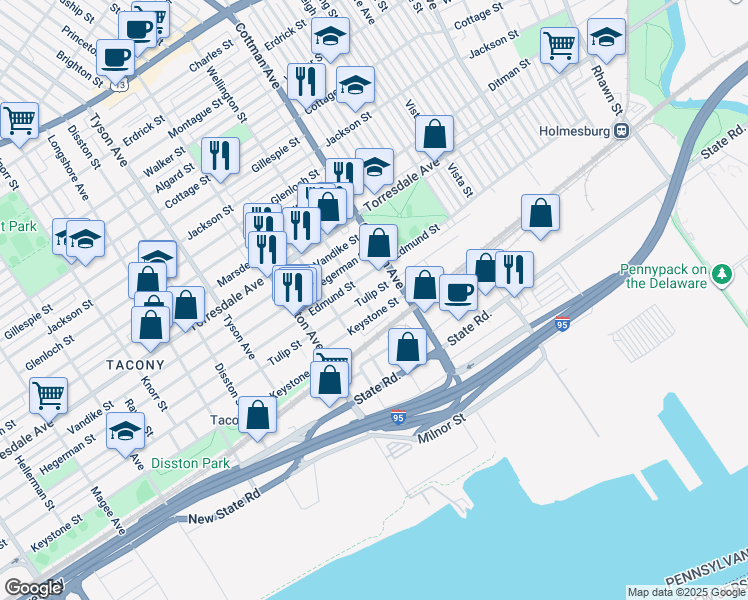 map of restaurants, bars, coffee shops, grocery stores, and more near 7205 Tulip Street in Philadelphia