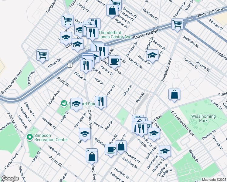 map of restaurants, bars, coffee shops, grocery stores, and more near 5333 Sylvester Street in Philadelphia