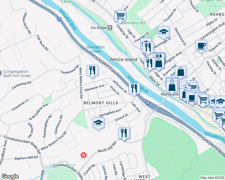 map of restaurants, bars, coffee shops, grocery stores, and more near 104 Rockland Avenue in Bala Cynwyd