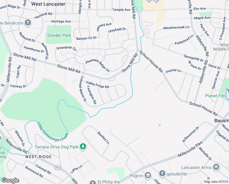 map of restaurants, bars, coffee shops, grocery stores, and more near 516 Brandywine Road in Lancaster