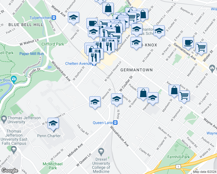 map of restaurants, bars, coffee shops, grocery stores, and more near 5436 Morris Street in Philadelphia