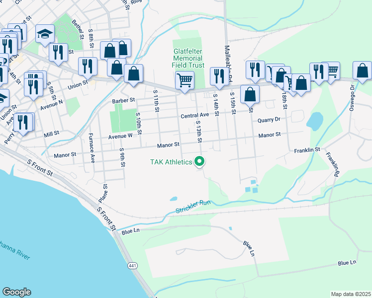 map of restaurants, bars, coffee shops, grocery stores, and more near 1214 Manor Street in Columbia