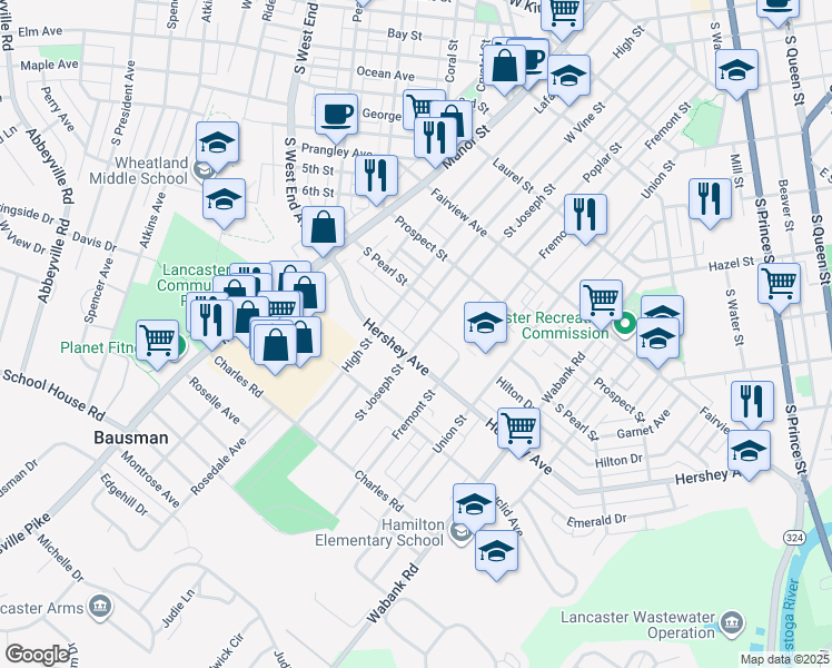 map of restaurants, bars, coffee shops, grocery stores, and more near 1043 Saint Joseph Street in Lancaster