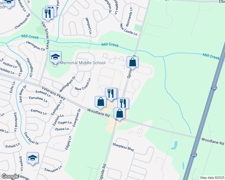 map of restaurants, bars, coffee shops, grocery stores, and more near 65 Rolling Hills Drive East in Westampton