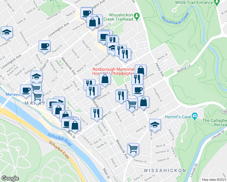 map of restaurants, bars, coffee shops, grocery stores, and more near 425 Pensdale Street in Philadelphia