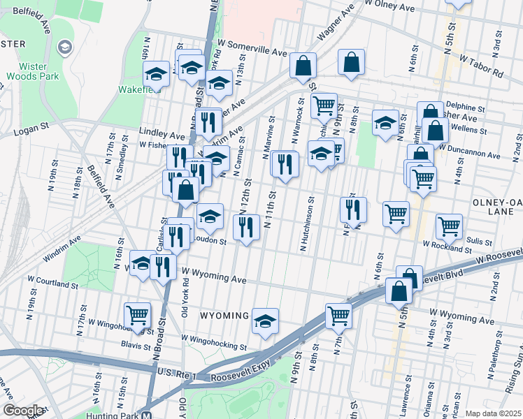 map of restaurants, bars, coffee shops, grocery stores, and more near 4907 North Marvine Street in Philadelphia