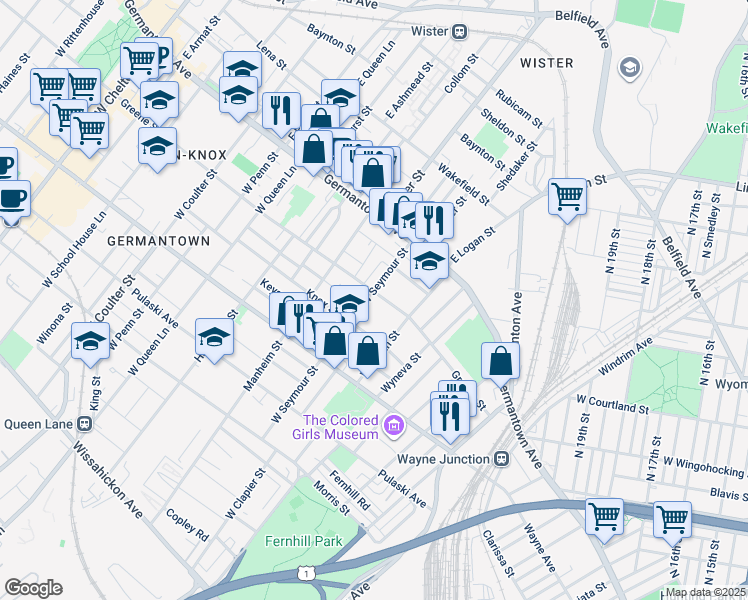 map of restaurants, bars, coffee shops, grocery stores, and more near 4935 Greene Street in Philadelphia