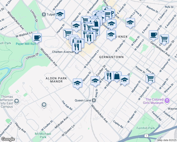 map of restaurants, bars, coffee shops, grocery stores, and more near 5436 Morris Street in Philadelphia