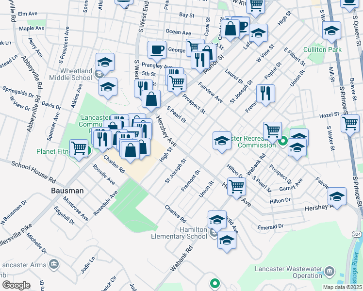 map of restaurants, bars, coffee shops, grocery stores, and more near 117 Hershey Avenue in Lancaster