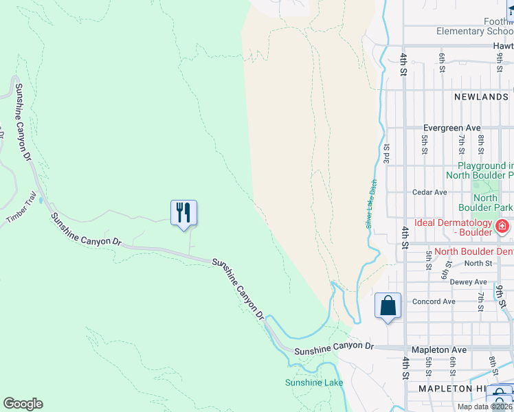 map of restaurants, bars, coffee shops, grocery stores, and more near Mount Sanitas Trail in Boulder