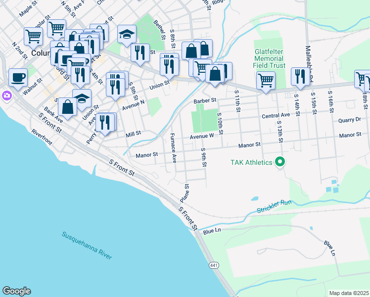 map of restaurants, bars, coffee shops, grocery stores, and more near 665 Plane Street in Columbia