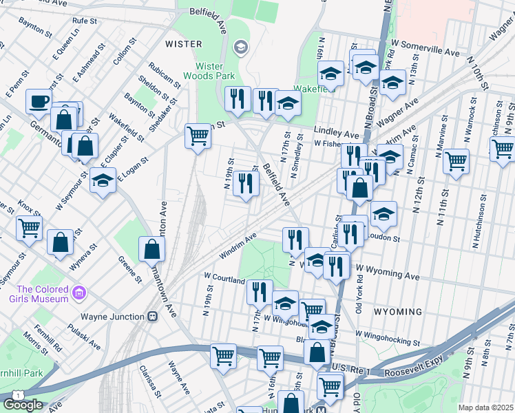 map of restaurants, bars, coffee shops, grocery stores, and more near 4814 North Bouvier Street in Philadelphia