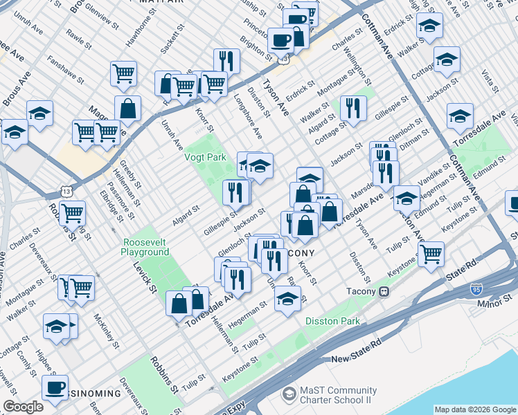 map of restaurants, bars, coffee shops, grocery stores, and more near 4429 Knorr Street in Philadelphia