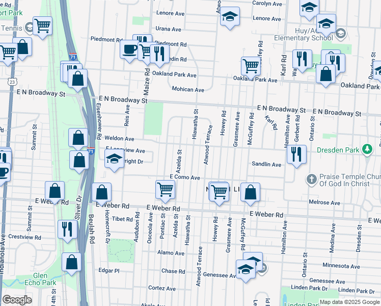 map of restaurants, bars, coffee shops, grocery stores, and more near 3033 Hiawatha Street in Columbus