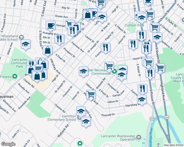 map of restaurants, bars, coffee shops, grocery stores, and more near 911 Union Street in Lancaster