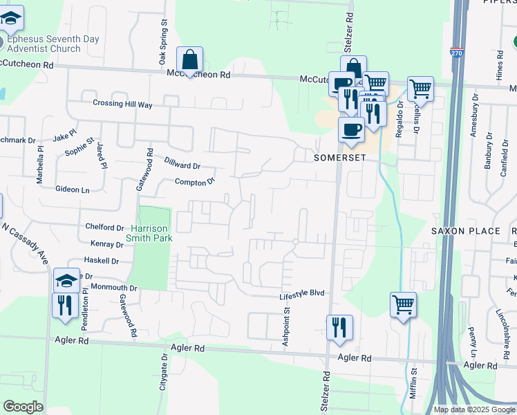 map of restaurants, bars, coffee shops, grocery stores, and more near 3764 Sunrise Lake Circle in Columbus