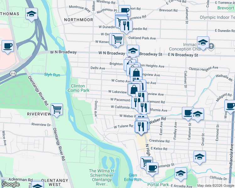 map of restaurants, bars, coffee shops, grocery stores, and more near 93 West Lakeview Avenue in Columbus