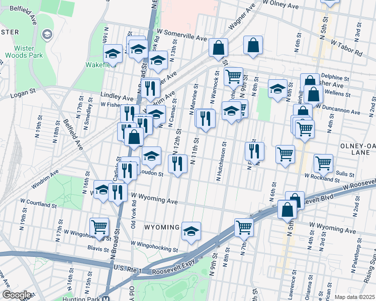 map of restaurants, bars, coffee shops, grocery stores, and more near 4907 North Marvine Street in Philadelphia