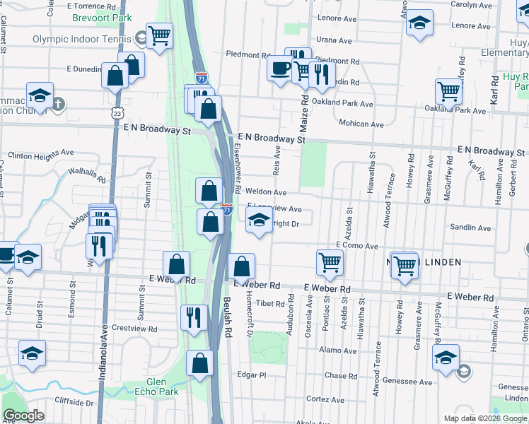 map of restaurants, bars, coffee shops, grocery stores, and more near 793 East Longview Avenue in Columbus