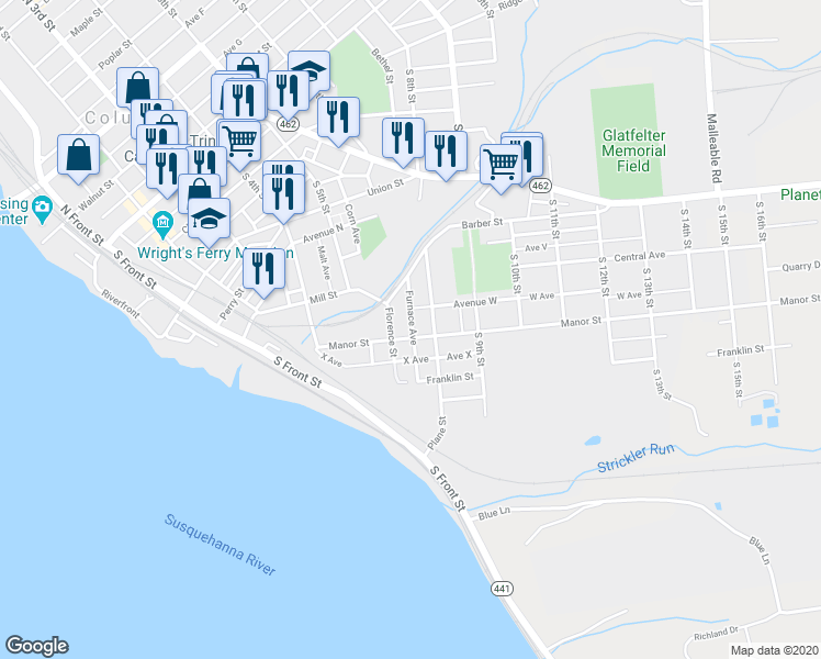 map of restaurants, bars, coffee shops, grocery stores, and more near 525 Manor Street in Columbia