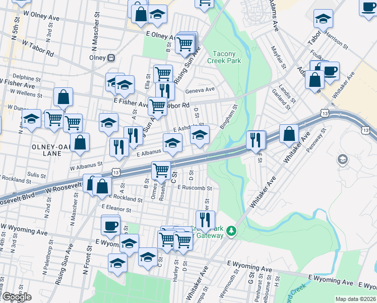map of restaurants, bars, coffee shops, grocery stores, and more near 5113 Westford Road in Philadelphia