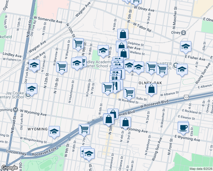 map of restaurants, bars, coffee shops, grocery stores, and more near 513 West Ruscomb Street in Philadelphia