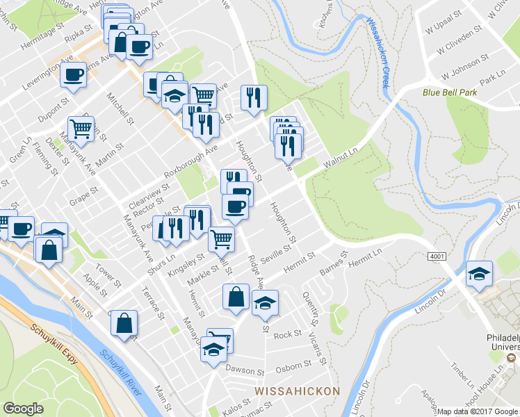 map of restaurants, bars, coffee shops, grocery stores, and more near 543 Walnut Lane in Philadelphia