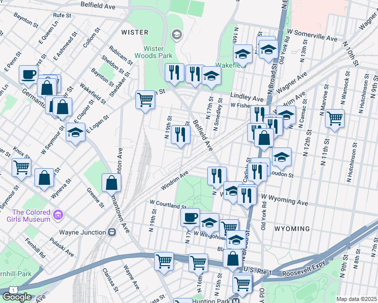 map of restaurants, bars, coffee shops, grocery stores, and more near 4814 North Bouvier Street in Philadelphia