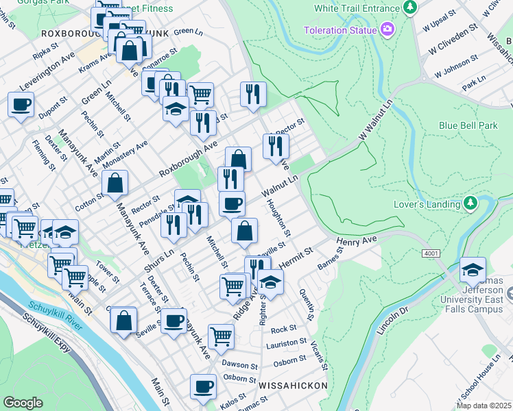 map of restaurants, bars, coffee shops, grocery stores, and more near 543 Walnut Lane in Philadelphia