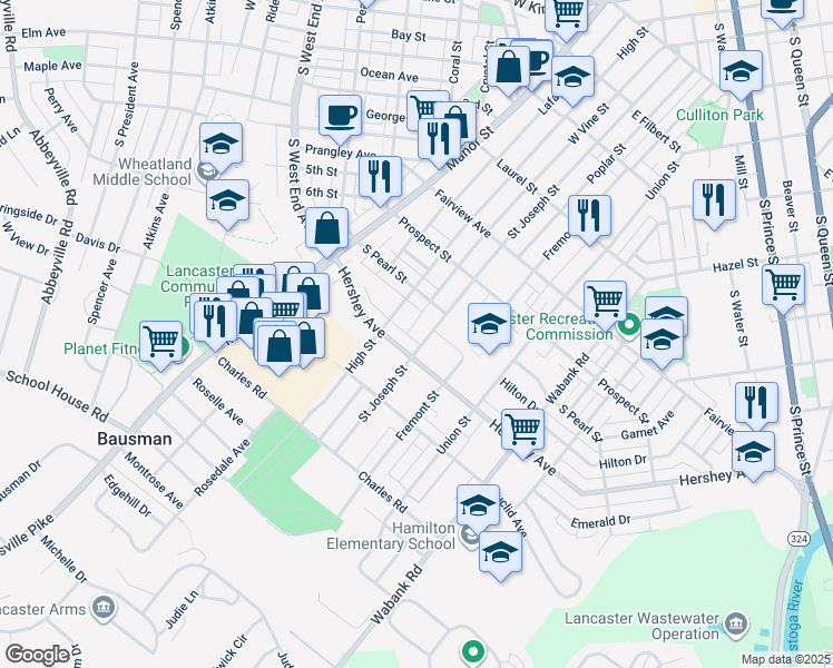 map of restaurants, bars, coffee shops, grocery stores, and more near 1043 Saint Joseph Street in Lancaster