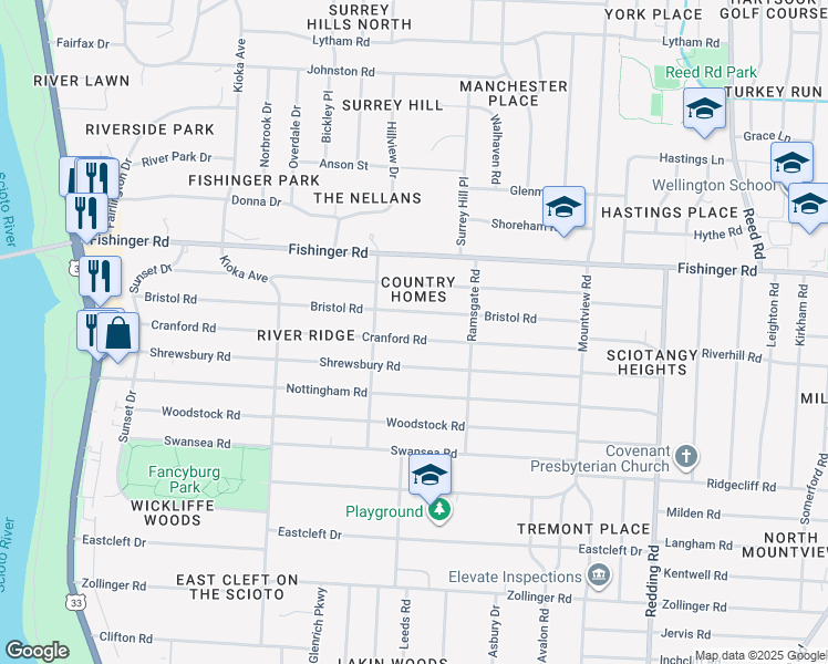 map of restaurants, bars, coffee shops, grocery stores, and more near 2386 Cranford Road in Columbus