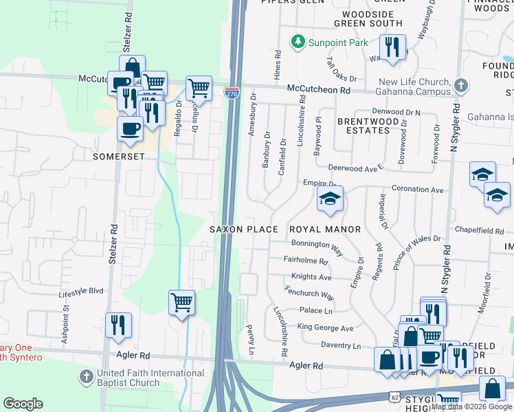 map of restaurants, bars, coffee shops, grocery stores, and more near 327 Amesbury Drive in Columbus