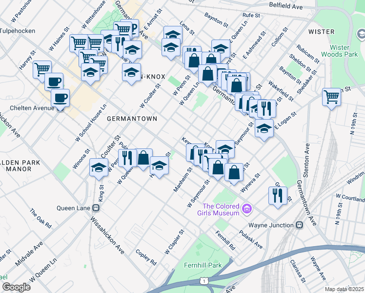 map of restaurants, bars, coffee shops, grocery stores, and more near 5160 Henley Street in Philadelphia