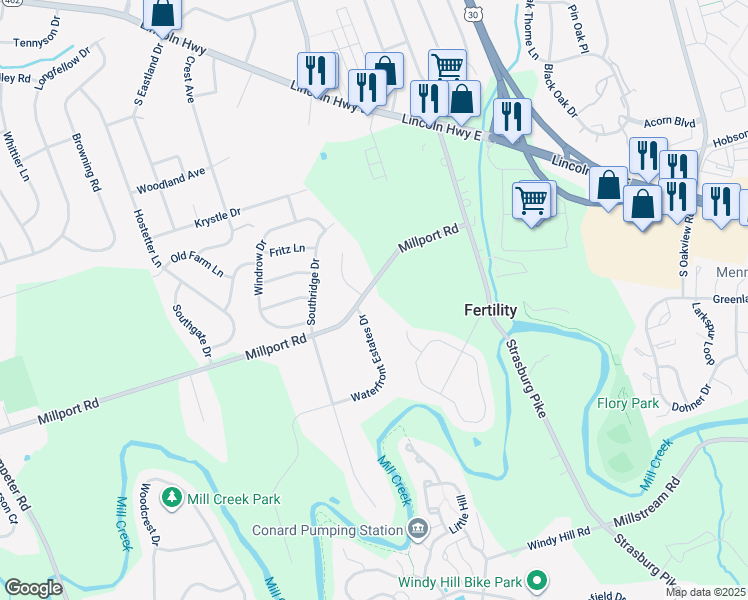 map of restaurants, bars, coffee shops, grocery stores, and more near 1926 Millport Road in Lancaster